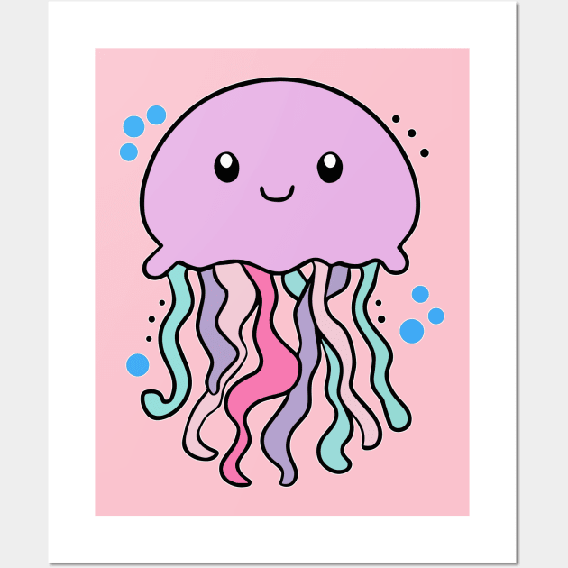 Happy smiling baby jellyfish with bubbles. Kawaii cartoon Wall Art by SPJE Illustration Photography